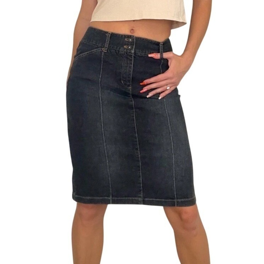 Classiques Entier Black Denim Pencil Skirt Dark Wash Seamed Y2K Midi | 10